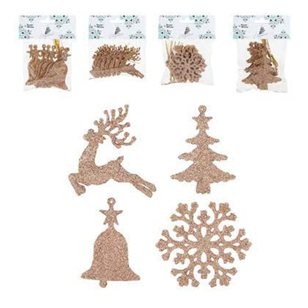 Glitter Rose Gold Hanging Christmas Decorations or Craft or Present Toppers: Trees, Bells, Reindeer, Snowflakes
