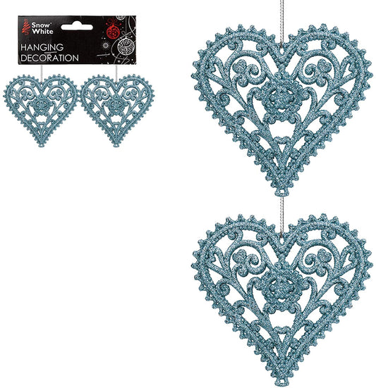 Pair of Hanging Glitter Heart Christmas Decorations Ice Blue