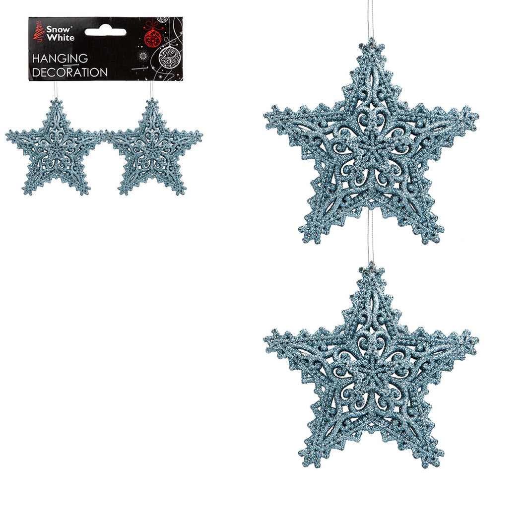 Pair of Hanging Glitter Stars Christmas Decorations in Red, Rose Gold, Gold, Silver, and Ice Blue