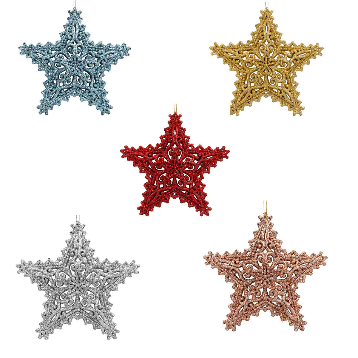 A set of five glittery hanging star decorations in various colors including blue, red, gold, silver, and rose gold.