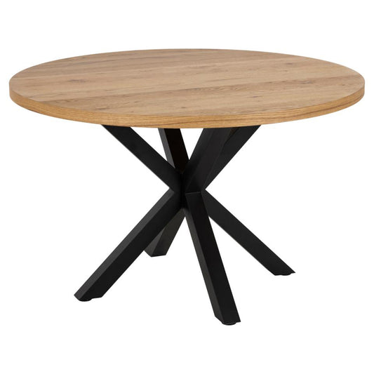round oak dining table with a solid metal base