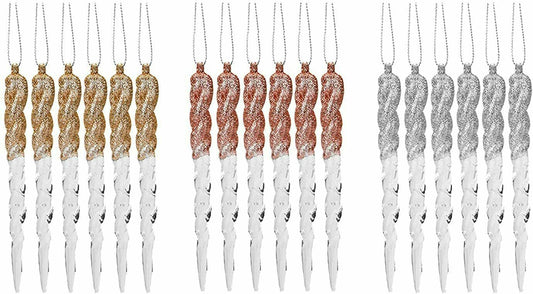 Glittery Icicle Decoration Set of 6 Hanging Clear Christmas Tree Décor in Rose Gold, Pale Gold, or Silver