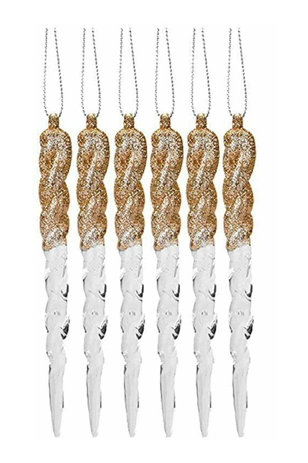 Glittery Icicle Decoration Set of 6 Hanging Clear Christmas Tree Décor in Rose Gold, Pale Gold, or Silver