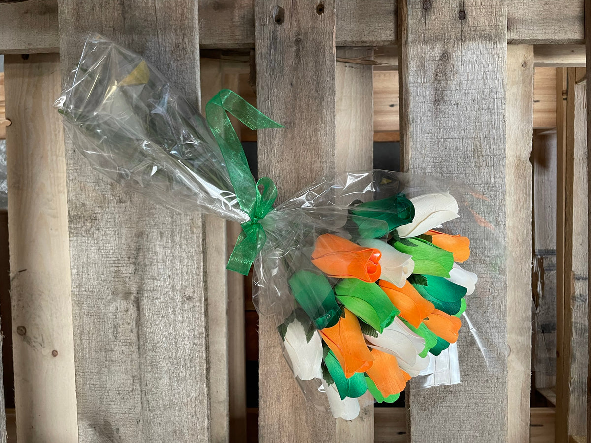 Bouquet Of 24 Orange, Cream, and Green Wooden Roses - Irish Tricolour