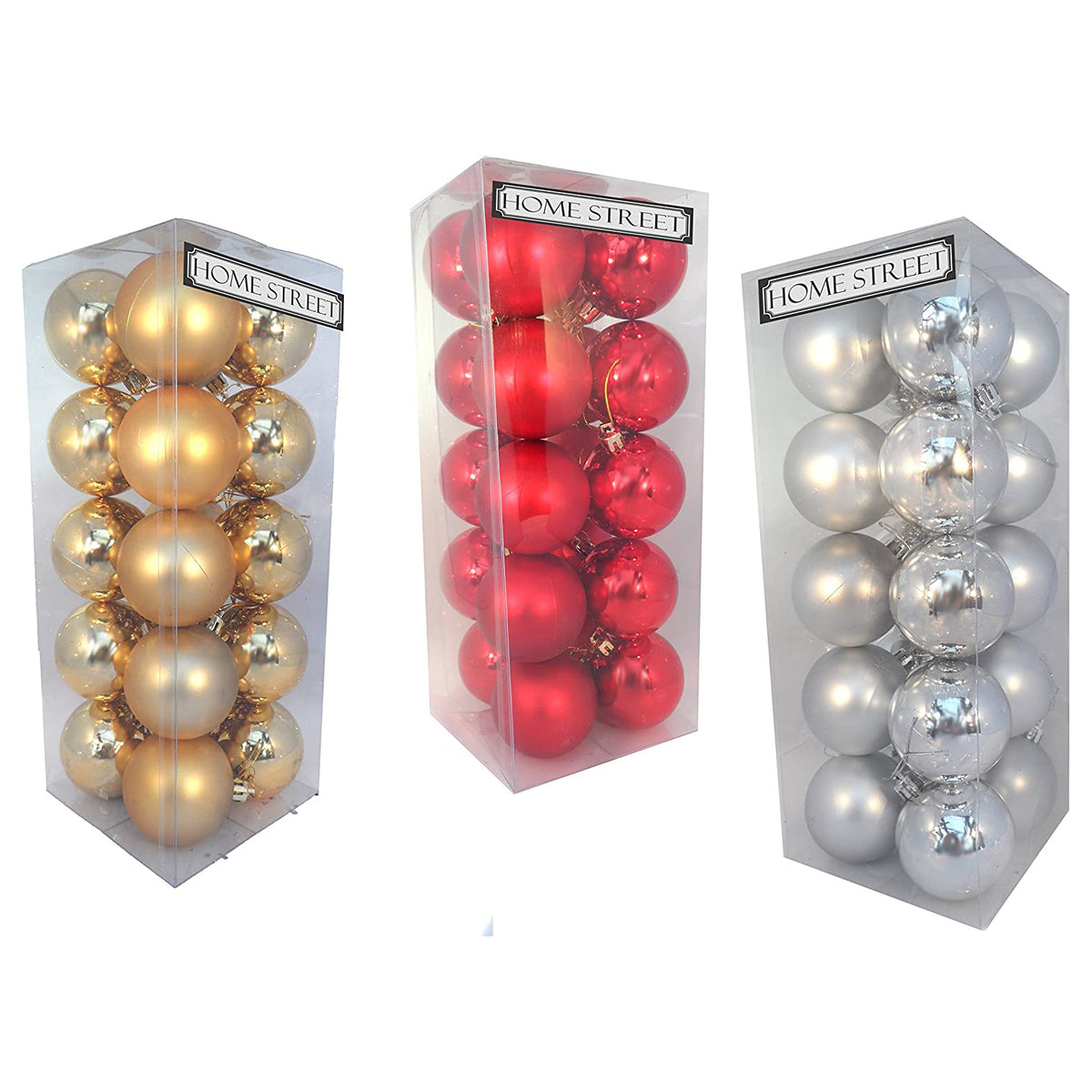 20 Shiny and Matt Baubles 6cm Diameter in Red, Gold, or Silver