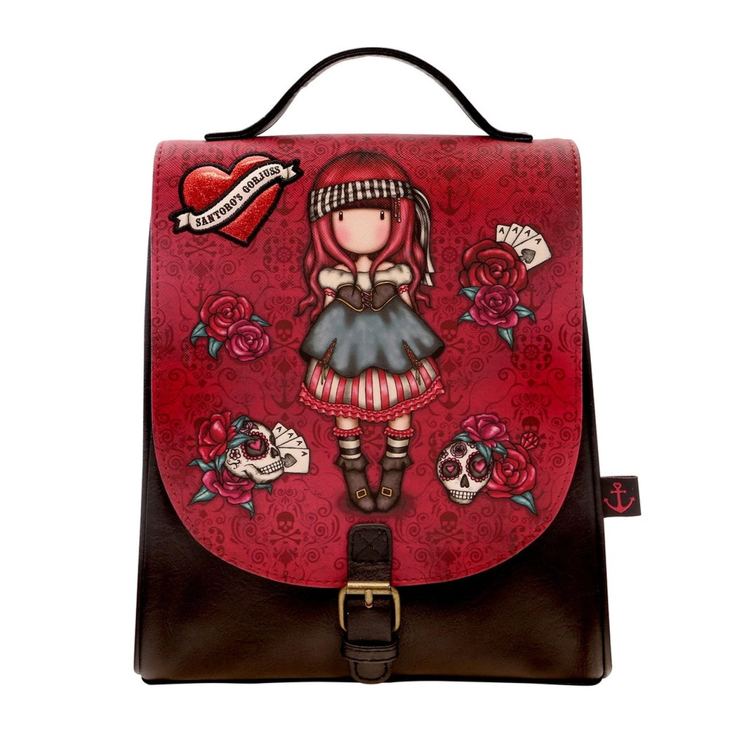 Santoro Gorjuss Mary Rose Rucksack Cute Back Pack with Pirate Skulls and Roses in Red and Black