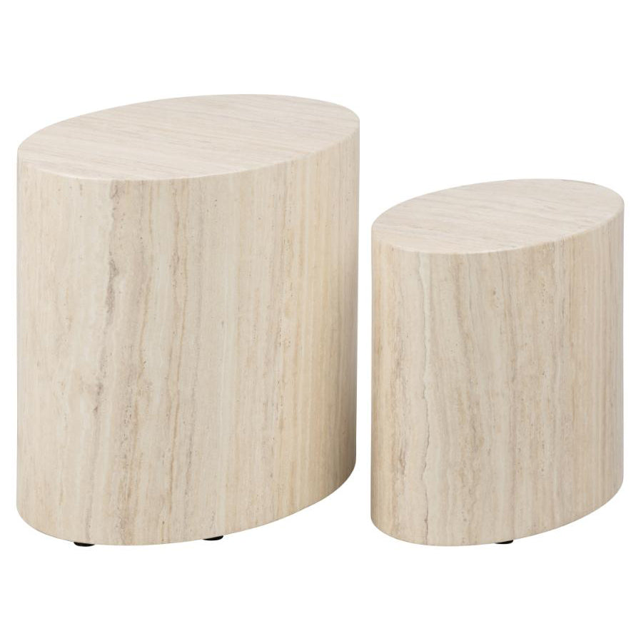 Mice Coffee Side Table Set In Travertine 2pcs Oval Design Space Saving Furniture 33x48x40cm