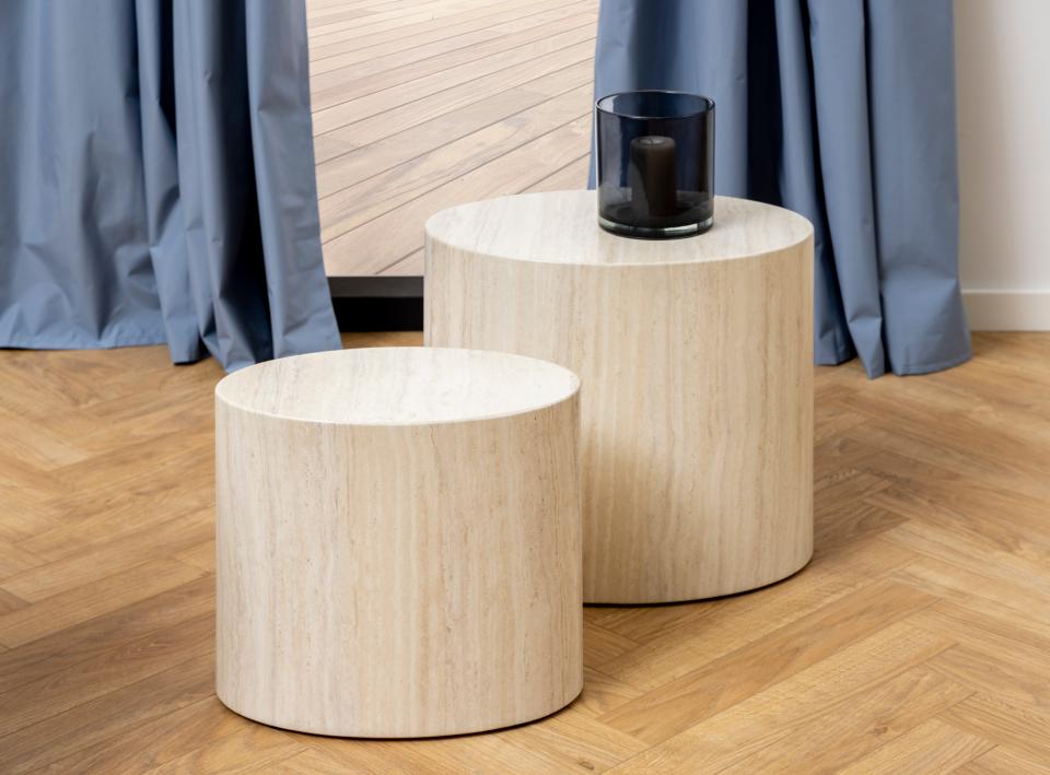 Mice Coffee Side Table Set In Travertine 2pcs Oval Design Space Saving Furniture 33x48x40cm