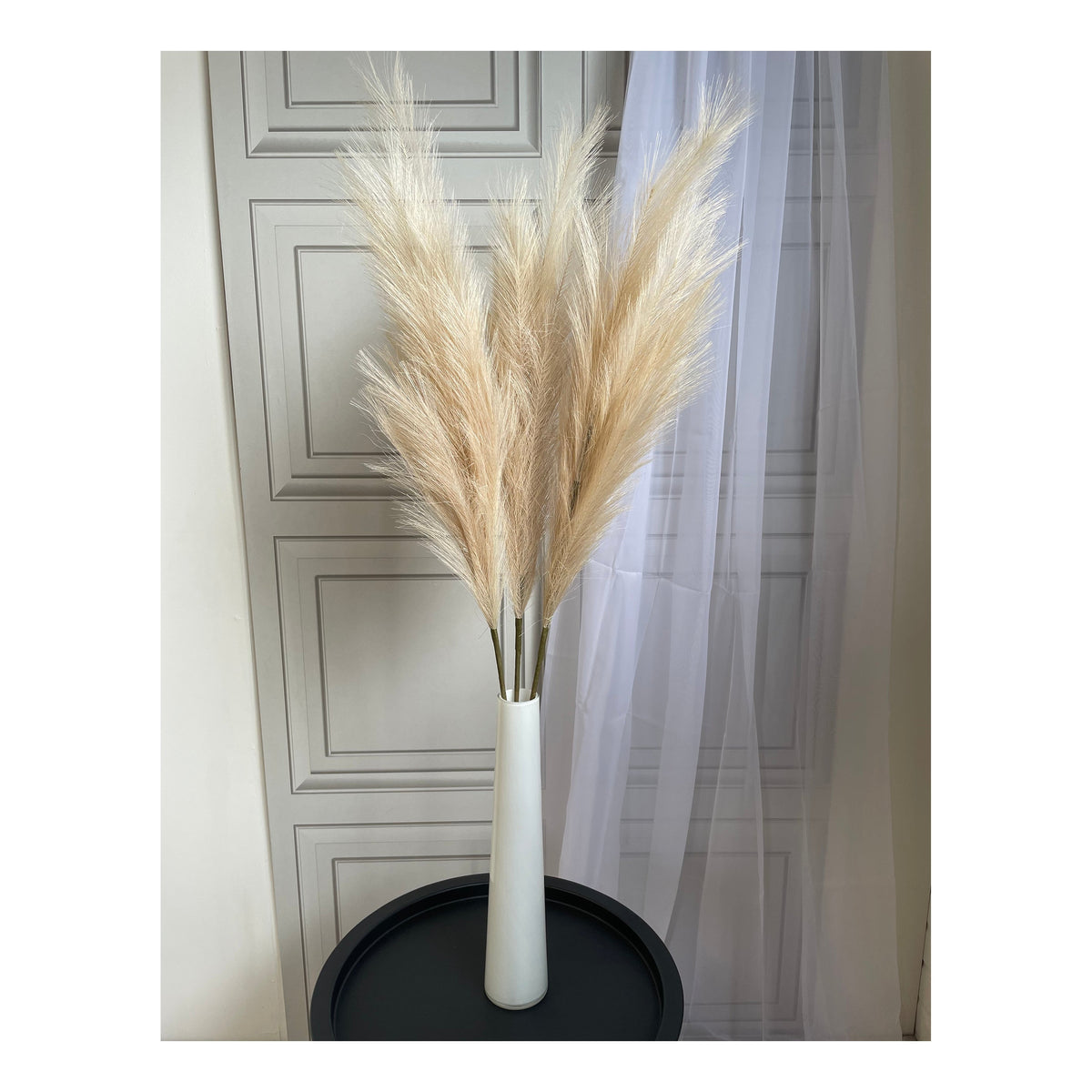 3 stems of natural coloured artificial pampas in a white vase home decor