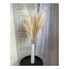 Load image into Gallery viewer, 3 stems of natural coloured artificial pampas in a white vase home decor
