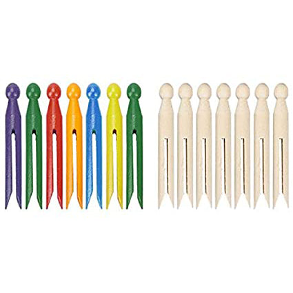 Pack of 7 Wooden Dolly Pegs in Plain Natural or Rainbow