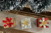 Load image into Gallery viewer, Glitter Present Box Tree Decorations in Red, Gold, and Silver: Hanging Tree Decorations Pack of 3 Small Presents with Ribbon and Jewel Detail
