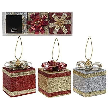 Glitter Present Box Tree Decorations in Red, Gold, and Silver: Hanging Tree Decorations Pack of 3 Small Presents with Ribbon and Jewel Detail