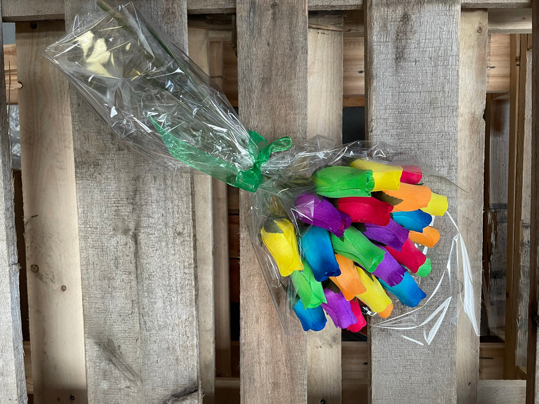 Bouquet Of 24 Mixed Bright Wooden Roses - Rainbow