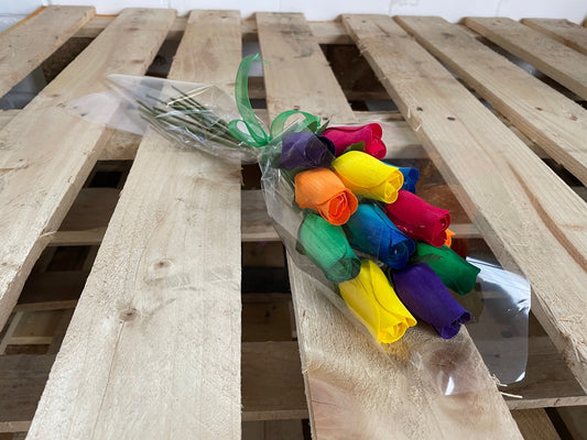 Bouquet of 12 Mixed Bright Colours Wooden Roses - Rainbow