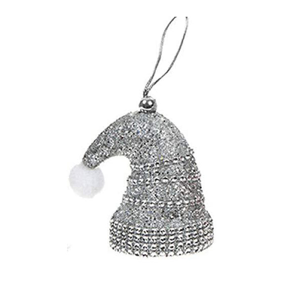 A silver glitter Santa hat Christmas ornament with a white faux fur pom-pom and a silver hanging loop, shown on a plain white background.