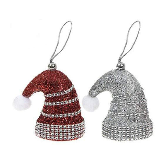 Two sparkling Santa hat decorations, one red and one silver, with diamante trim and hanging loops.