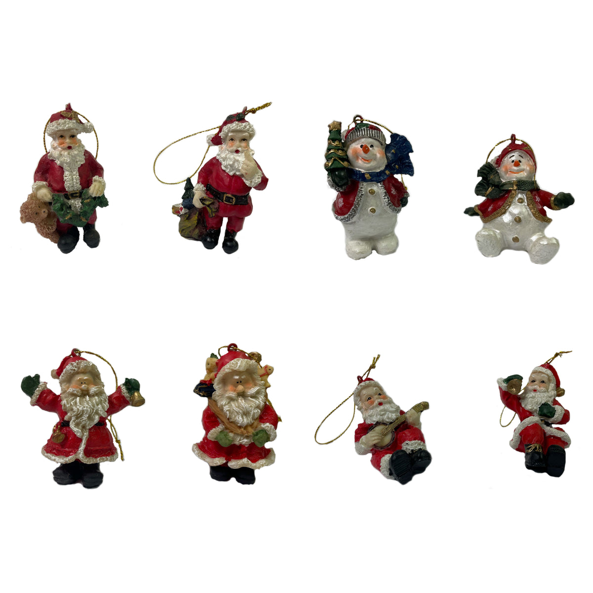 A collection of eight vintage style Santa and snowman hanging ornamental hand-painted Christmas baubles in various designs.