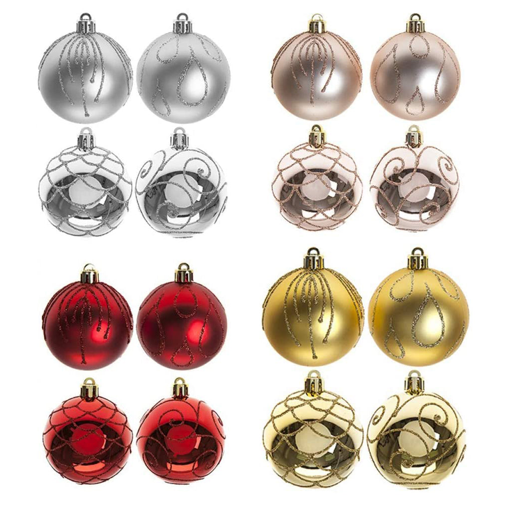 Pack of 9 Luxury 6cm Baubles, Matt and Shiny with Glitter Swirl Detail, Choose Red, Silver, Gold, or Rose gold