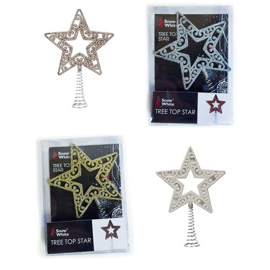Medium Glitter Christmas Star Tree Topper with Spring Base 14cm Tall in White, Gold, Blue, Silver, or Rose Gold