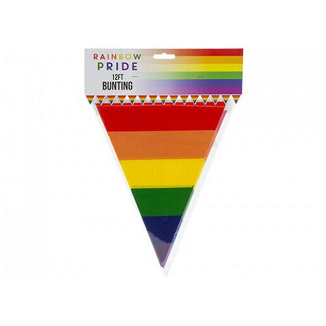 Pride Rainbow 12ft Triangular Bunting. 3.6 metre Rainbow Striped Durable Plastic Bunting Flags