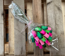 Load image into Gallery viewer, Bouquet Of 24 Mixed Green and Pink Wooden Roses - Tropical
