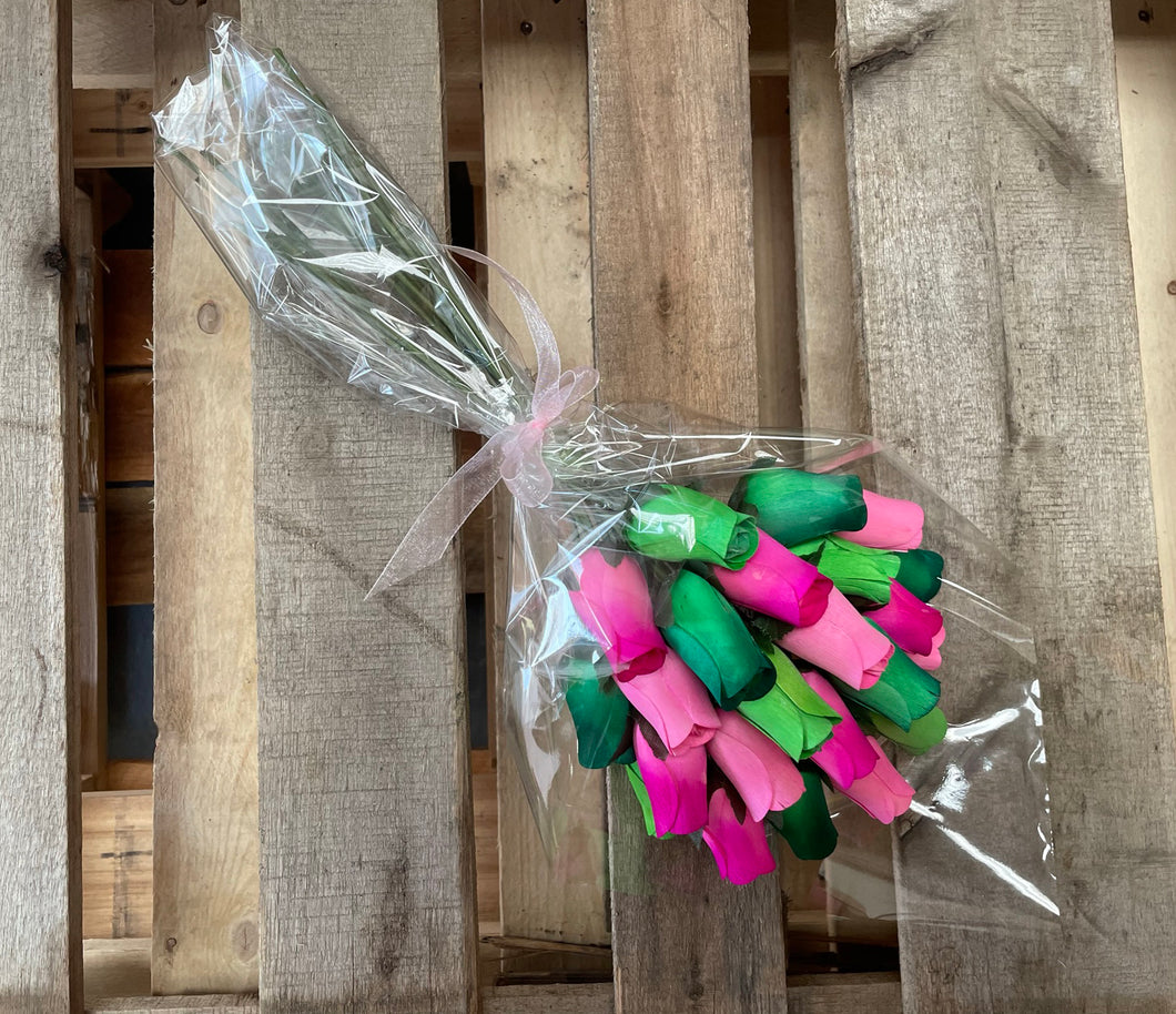 Bouquet Of 24 Mixed Green and Pink Wooden Roses - Tropical