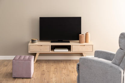 A-Line Long TV Unit With 2 Drawers And Shelf In White Oiled Oak 1.5m 150x40x45cm