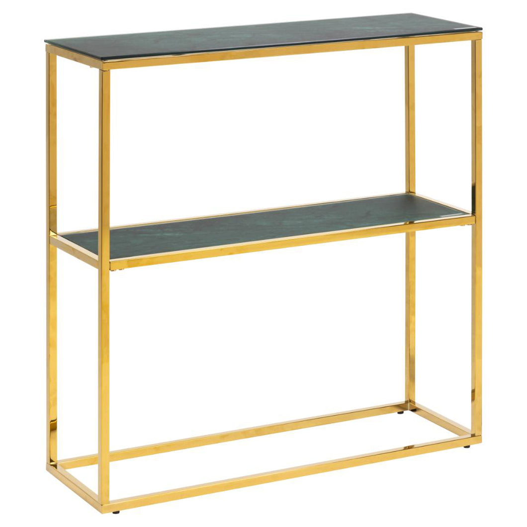 Gold Alisma Console Table With Green Marble Look Glass Top 79.5x26x80.5cm