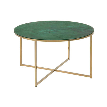 Alisma Large Round Glass Coffee Table Green Marble Print With Golden Frame 80cm