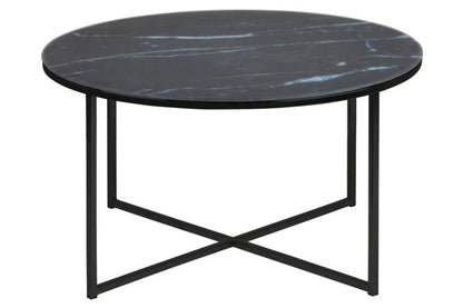 Alisma Designer Coffee Table Black Marble Print Round Glass Metal Frame 80cm