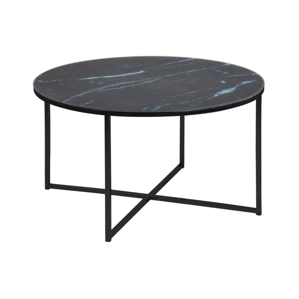 Alisma Designer Coffee Table Black Marble Print Round Glass Metal Frame 80cm