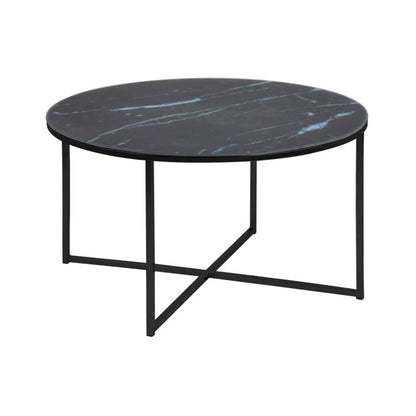 Alisma Designer Coffee Table Black Marble Print Round Glass Metal Frame 80cm