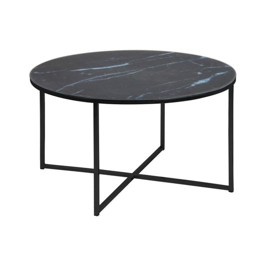Alisma Designer Coffee Table Black Marble Print Round Glass Metal Frame 80cm