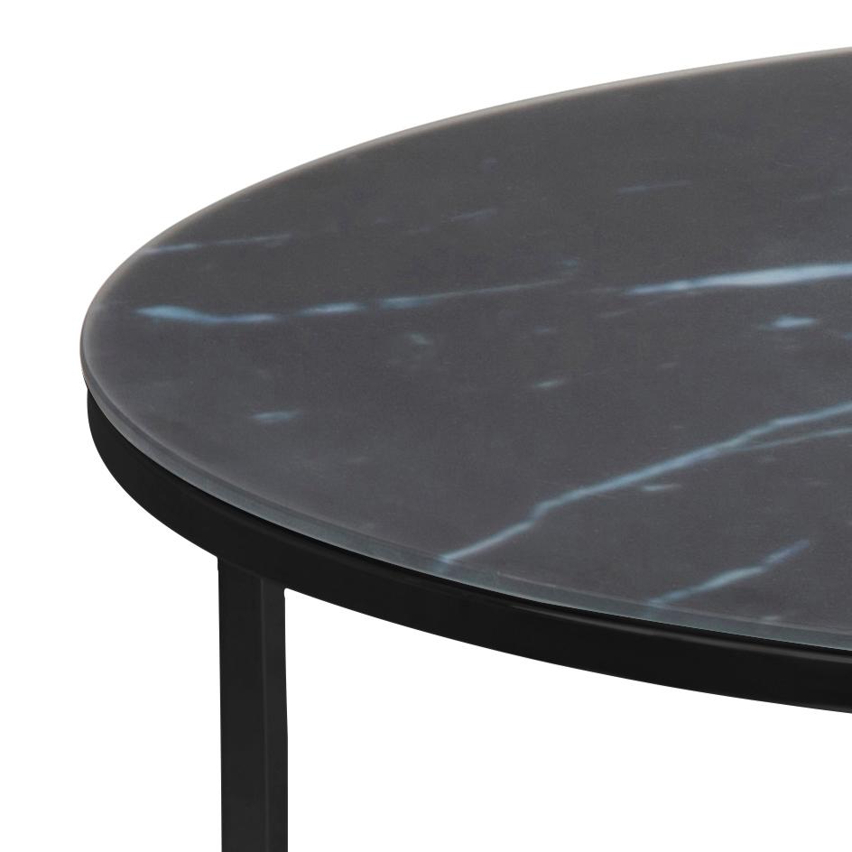 Alisma Designer Coffee Table Black Marble Print Round Glass Metal Frame 80cm