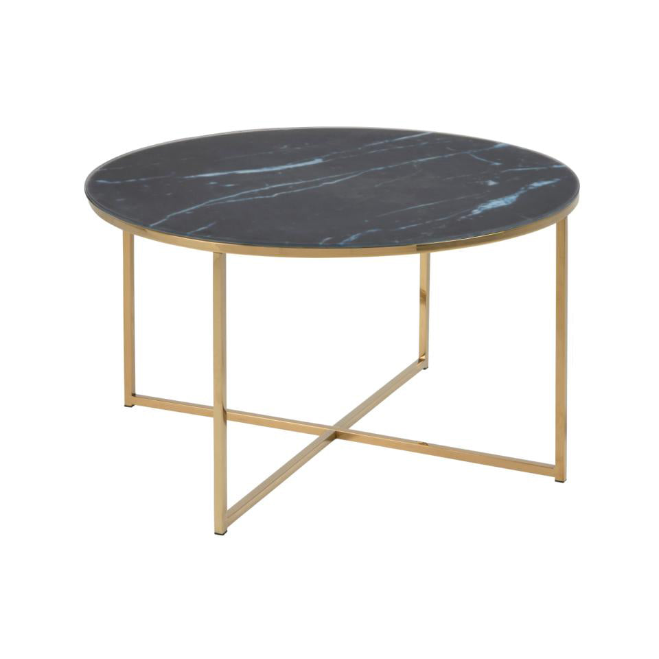 Alisma Designer Coffee Table Gold Metal Frame Black Marble Print Top 80cm