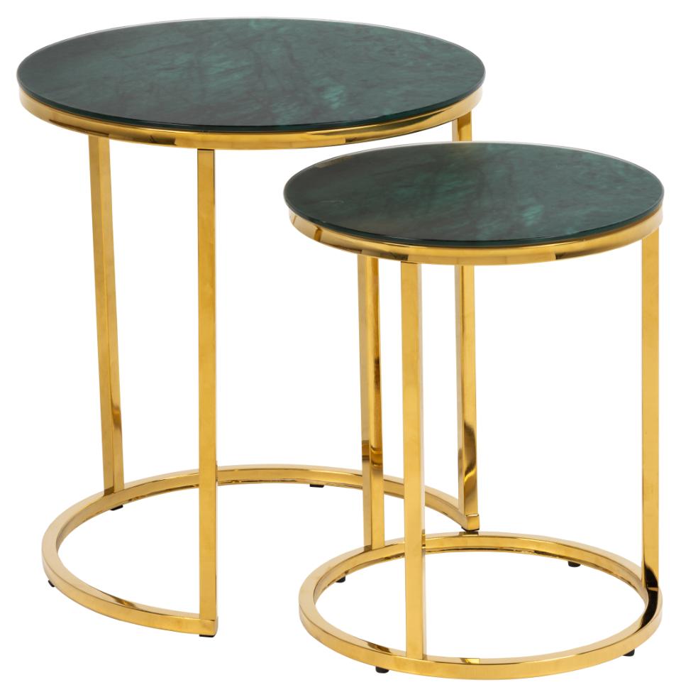 Alisma Deluxe Nest Of Tables Green Marble Glass Top And Metal Base 45cm 35cm