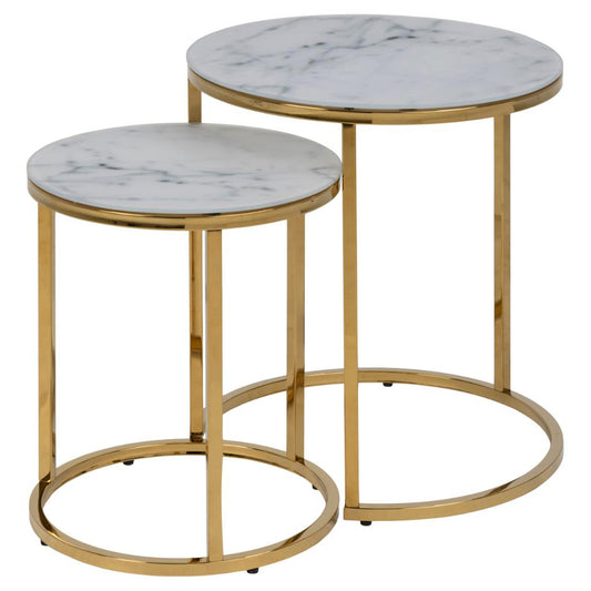 Two round nest of tables with white marble glass tops and gold chrome metal bases.