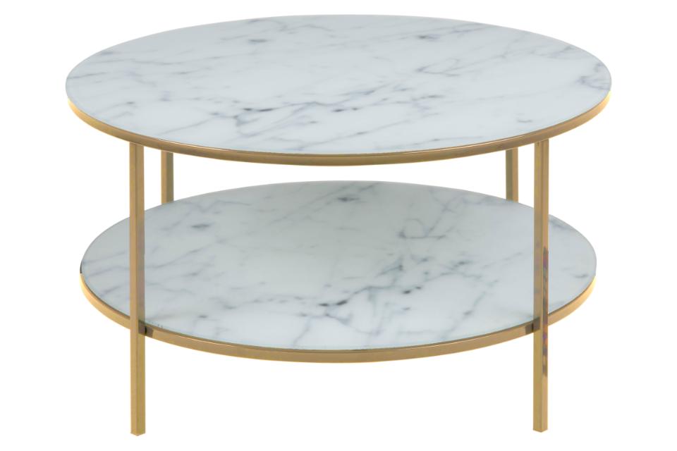 Alisma Designer White Glass Marble Coffee Table With Shelf And Gold Metal Frame 80cm