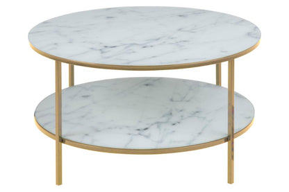 Alisma Designer White Glass Marble Coffee Table With Shelf And Gold Metal Frame 80cm