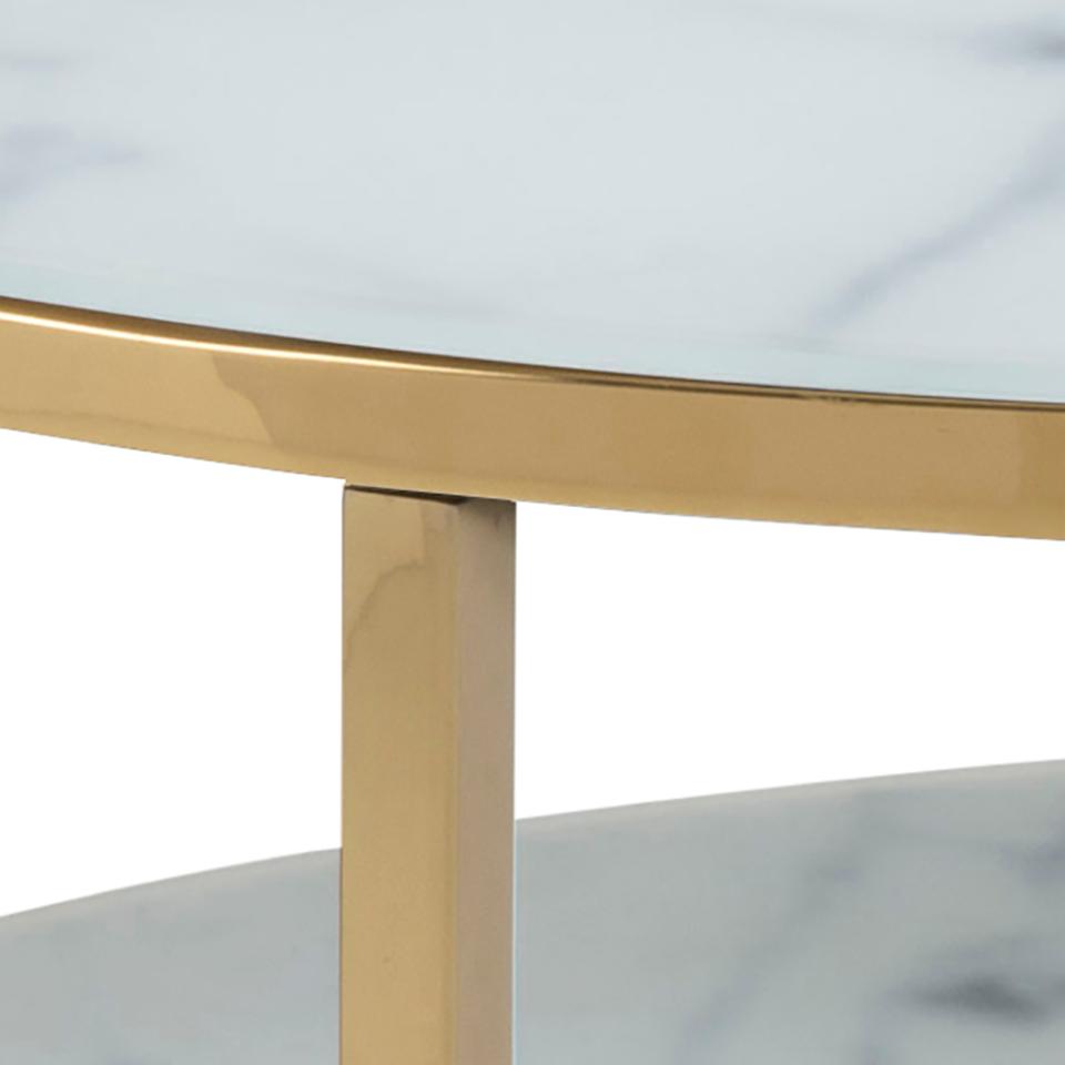 Alisma Designer White Glass Marble Coffee Table With Shelf And Gold Metal Frame 80cm