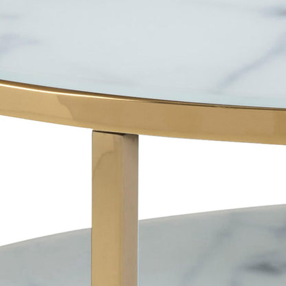 Alisma Designer White Glass Marble Coffee Table With Shelf And Gold Metal Frame 80cm