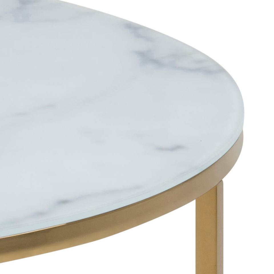 Alisma Designer White Glass Marble Coffee Table With Shelf And Gold Metal Frame 80cm