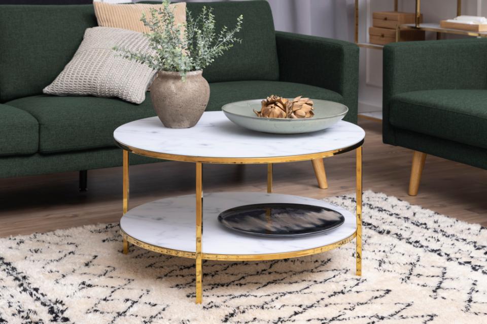 Alisma Designer White Glass Marble Coffee Table With Shelf And Gold Metal Frame 80cm