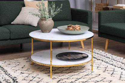 Alisma Designer White Glass Marble Coffee Table With Shelf And Gold Metal Frame 80cm