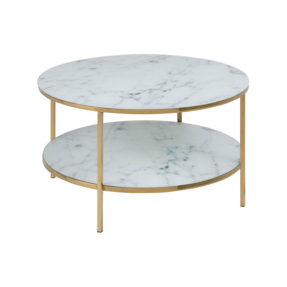 Alisma Designer White Glass Marble Coffee Table With Shelf And Gold Metal Frame 80cm
