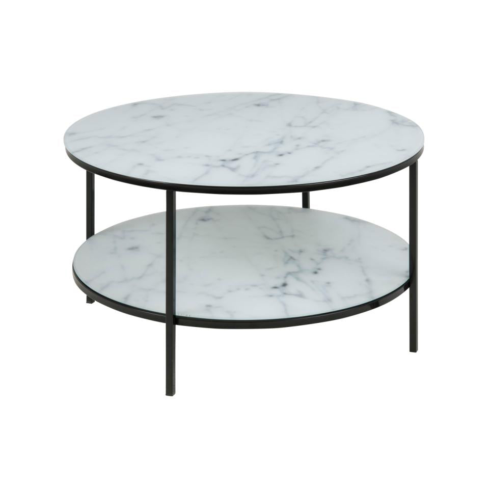 Alisma Designer White Glass Marble Coffee Table With Shelf And Black Gloss Metal Frame 80cm