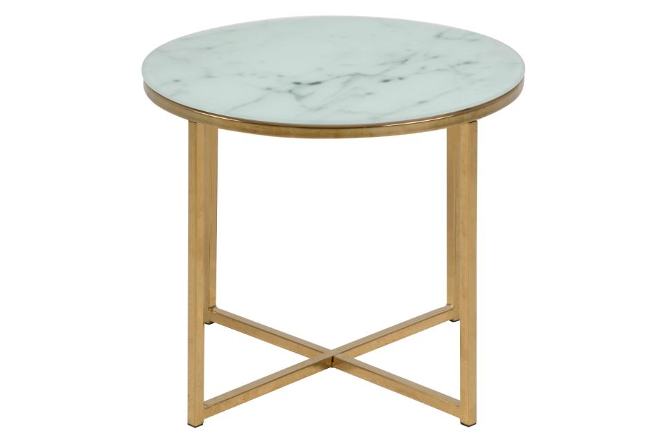 Alisma Round Side Table In White Glass Marble With Gold Metal Base 50cm