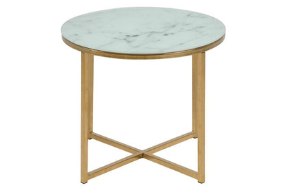 Alisma Round Side Table In White Glass Marble With Gold Metal Base 50cm