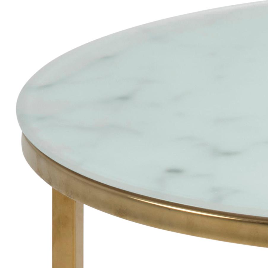 Alisma Round Side Table In White Glass Marble With Gold Metal Base 50cm